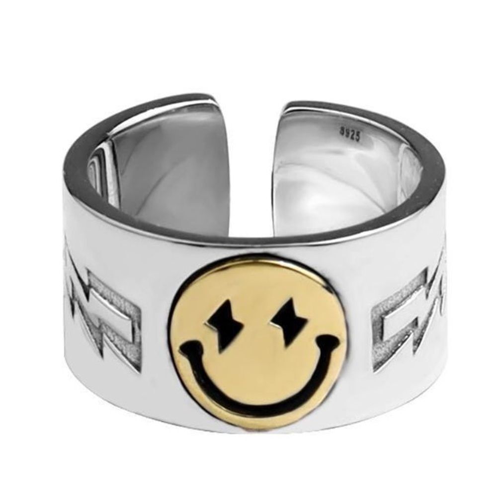 925 Sterling Silver Smiley Face Ring Gold Lightning Bolt Y2K Emo Adjustable